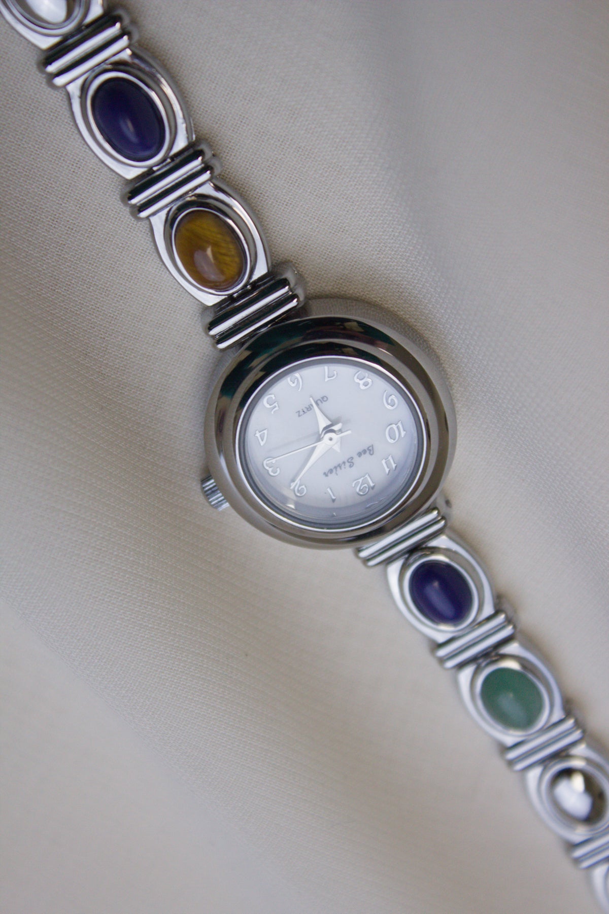 Delia watch — Vintage Silver Round with Rainbow Gems