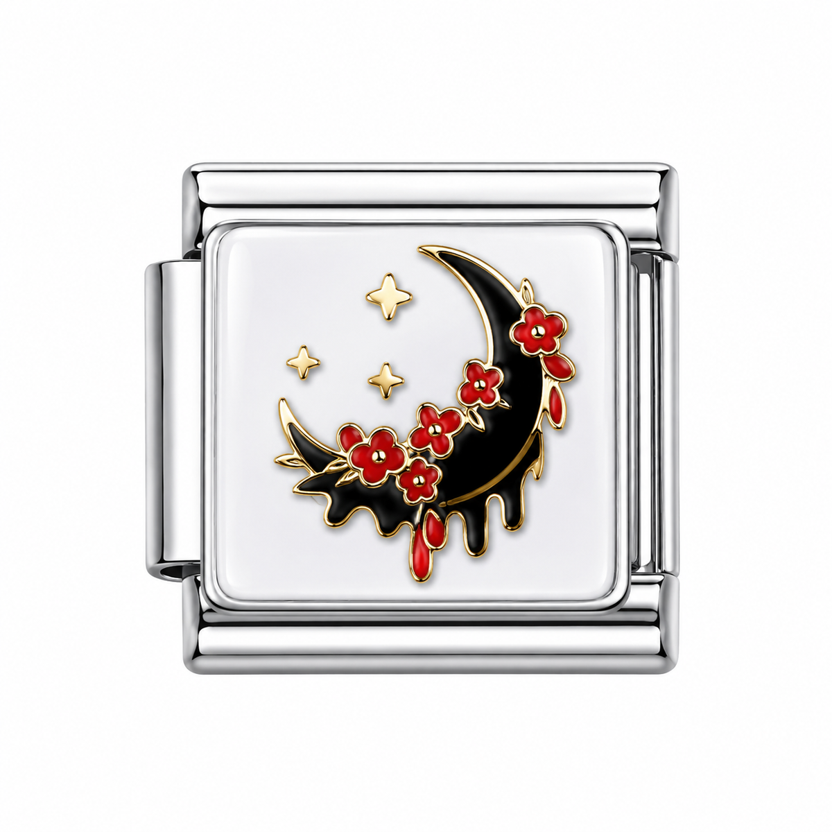 Crescent Moon with Roses Italian Charm — Silver