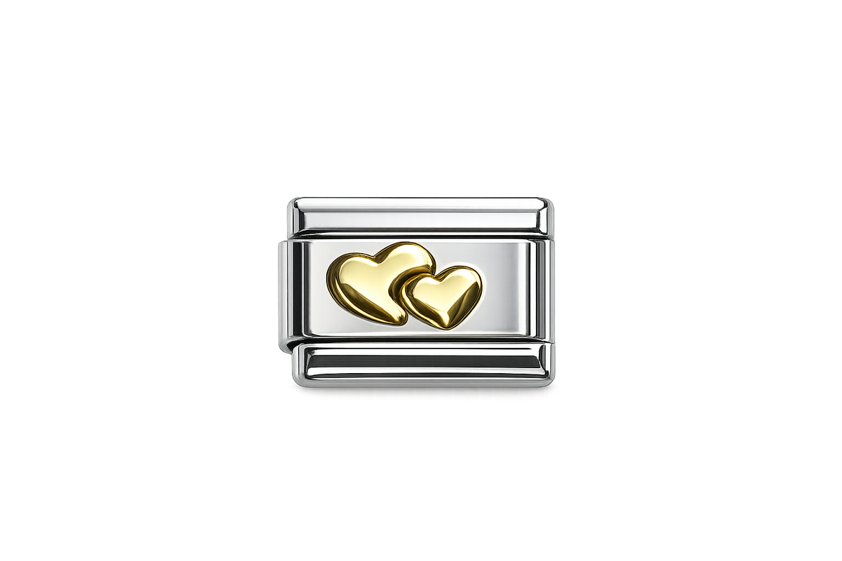 Double gold heart on silver Italian Charm — Gold
