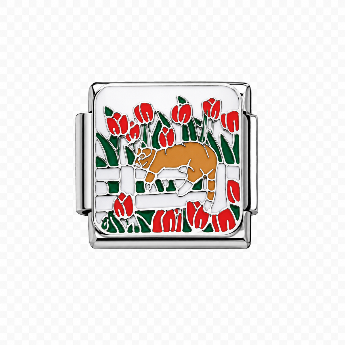 Orange Cat white fence Italian Charm — Silver