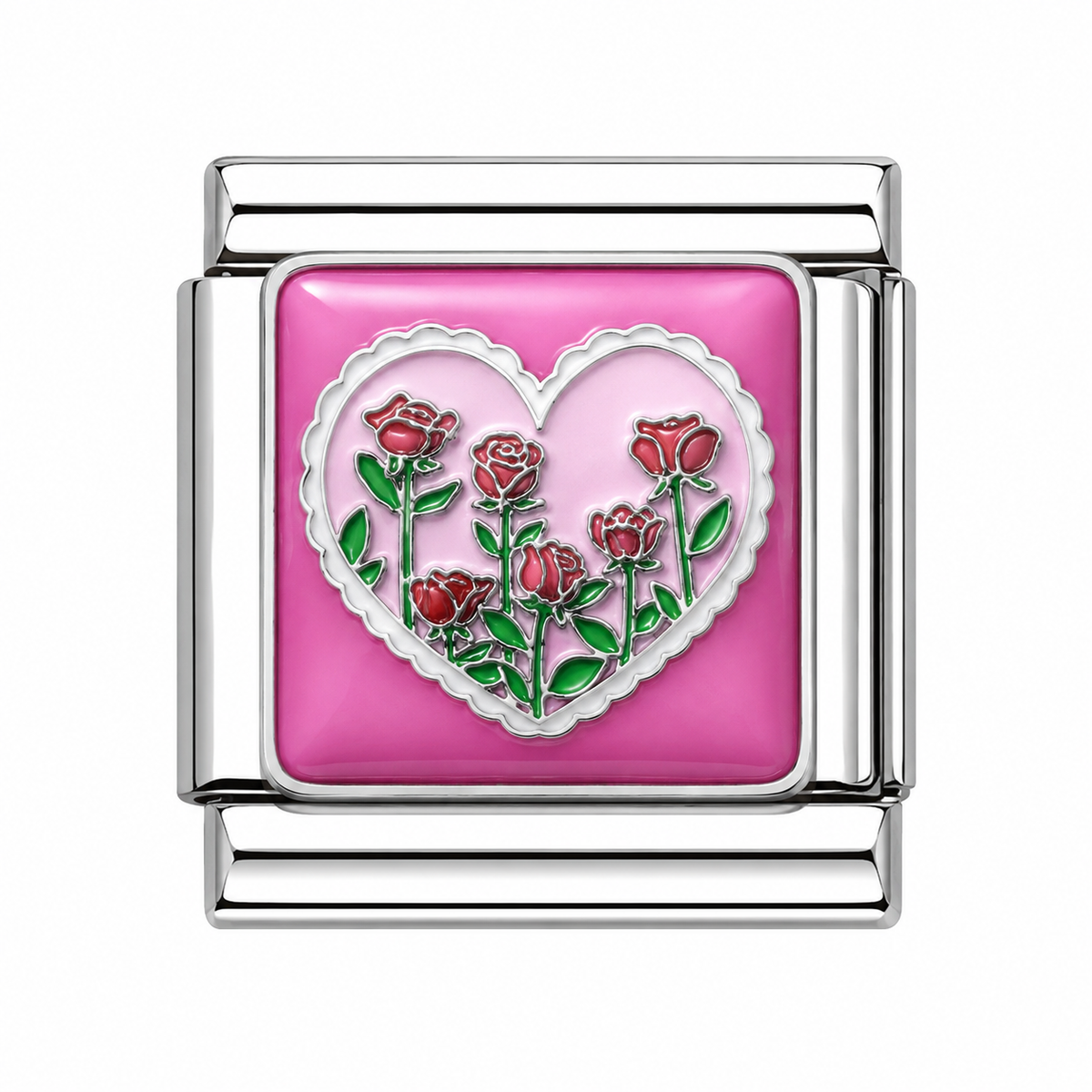 Pink Heart with Roses Italian Charm — Silver
