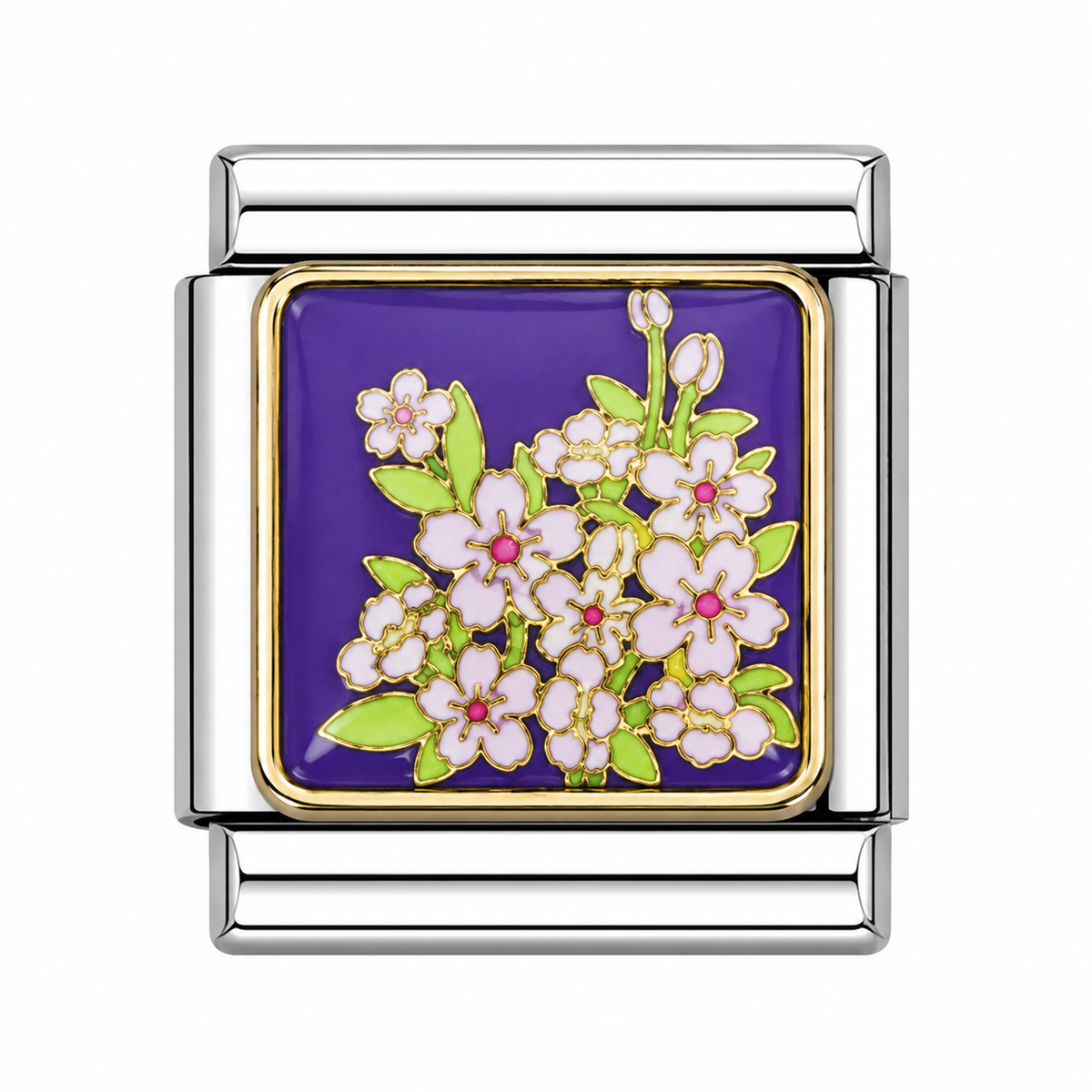 Pink flowers purple background Italian Charm — Silver
