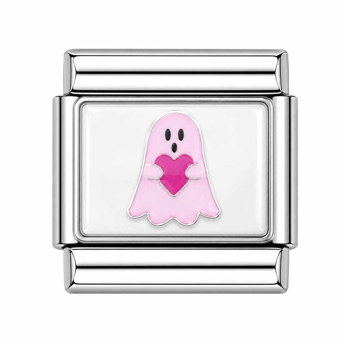 Pink ghost holding heart Italian Charm — Silver