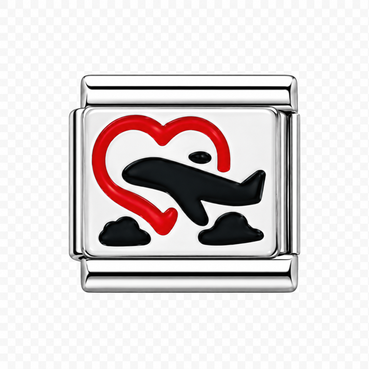 Black plane red heart Italian Charm — Silver