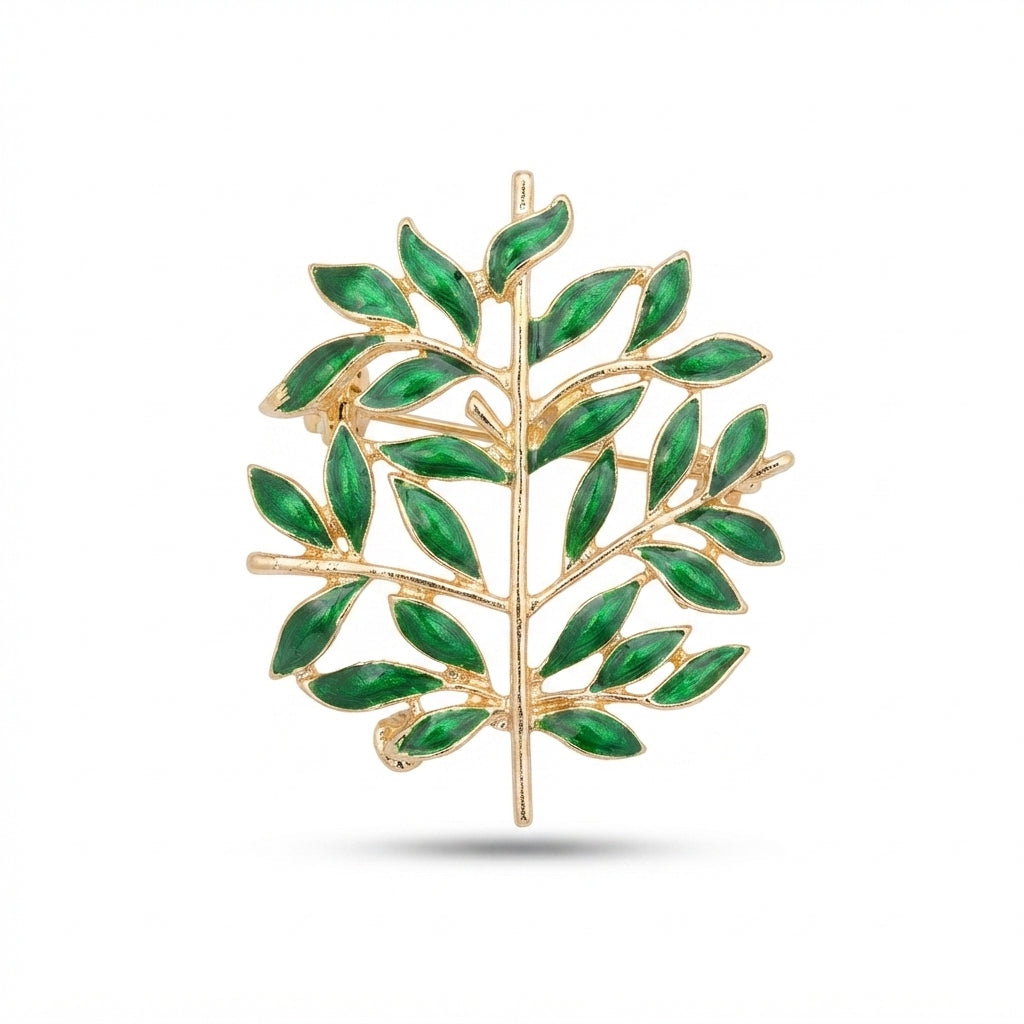 Green Enamel Leaf Branch Brooch