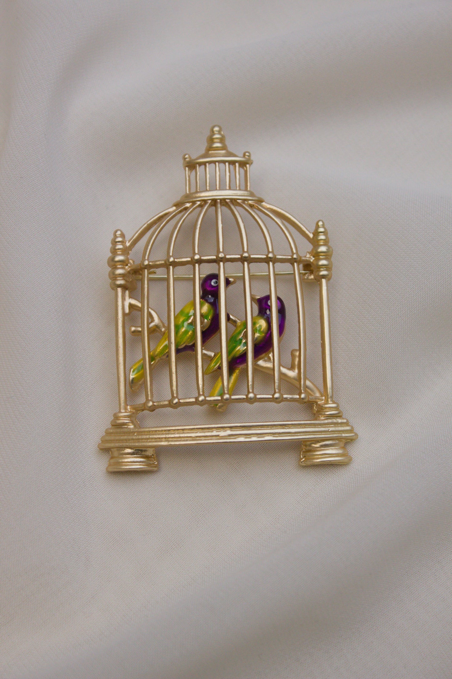 Gold Birdcage with Two Birds Brooch