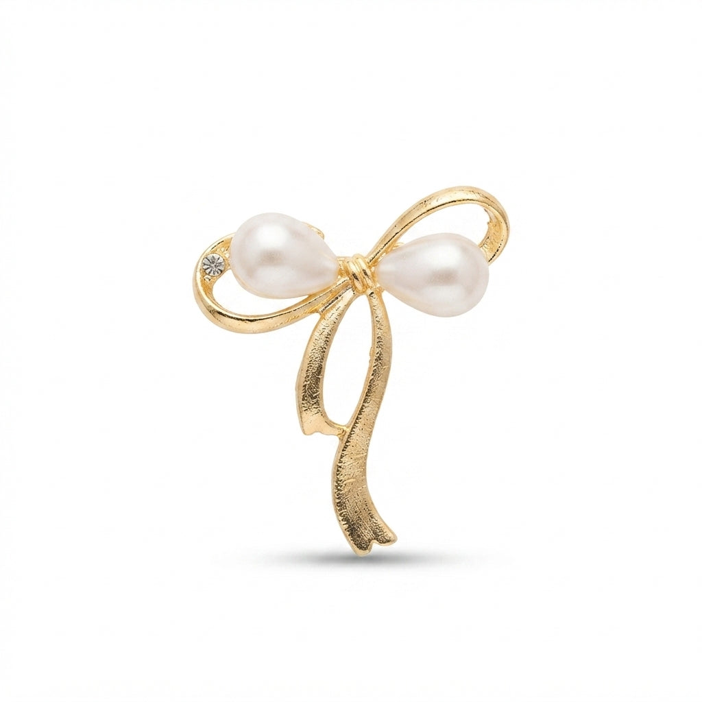 Gold Pearl Teardrop Bow Brooch