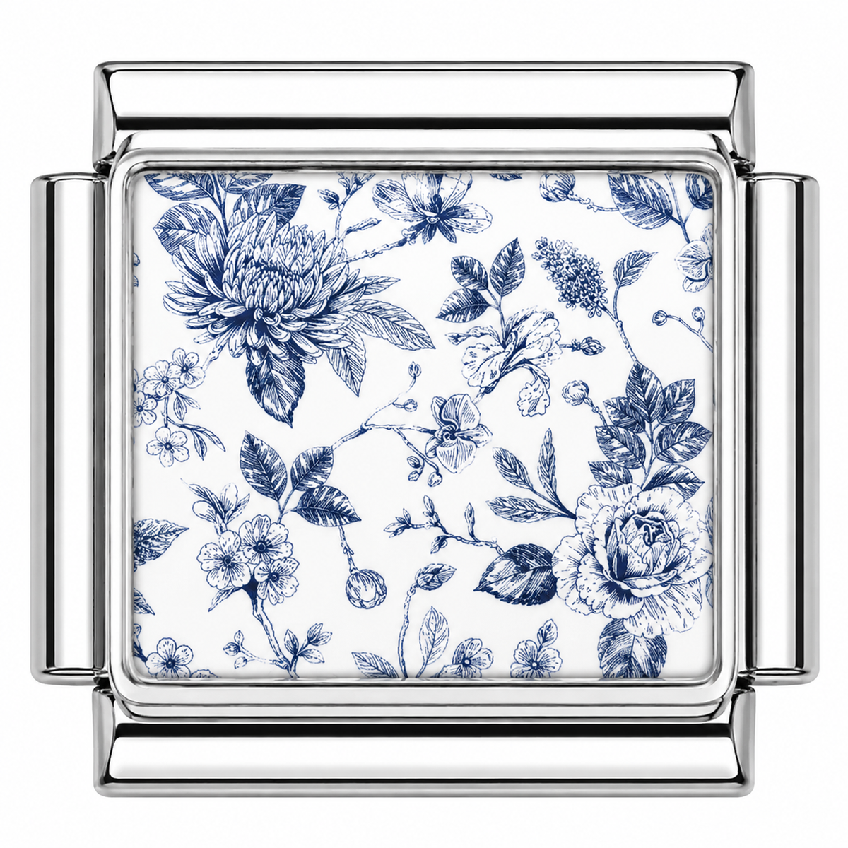 Dark blue floral design Italian Charm — Silver