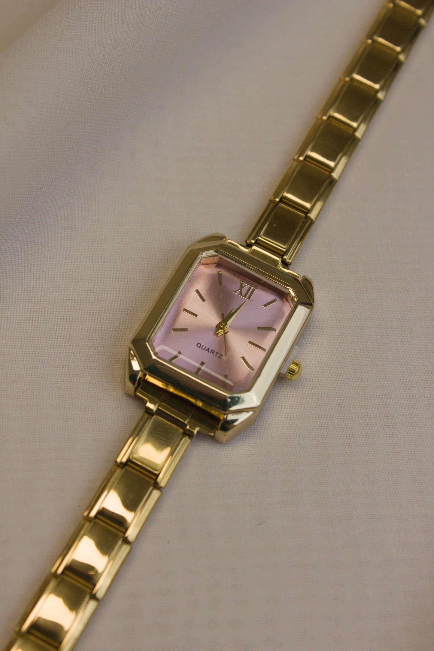 Gold Link Rectangular Pink Dial Italian Watch