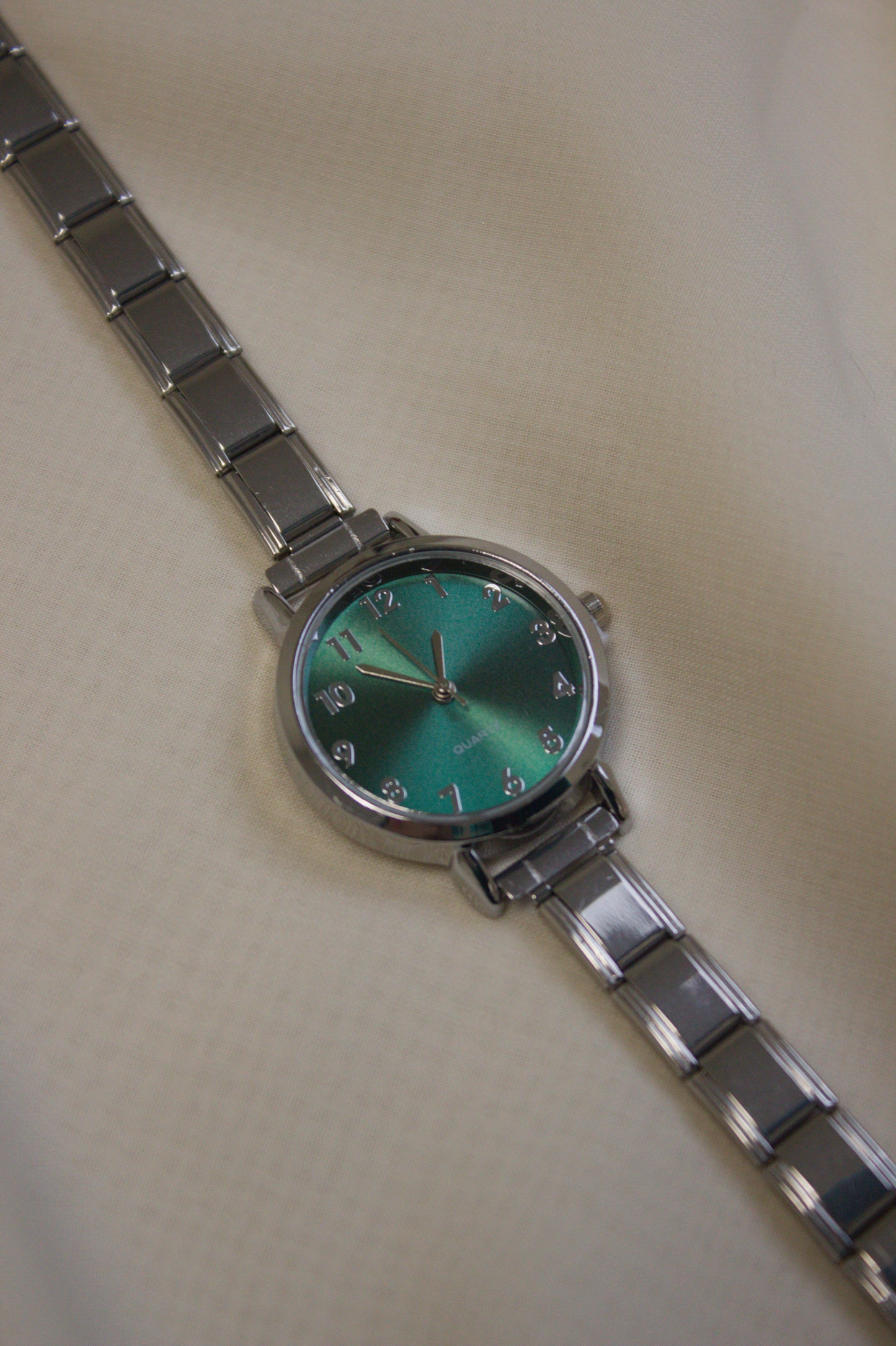 Gold Link Round Emerald Green Roman Numeral Italian Watch