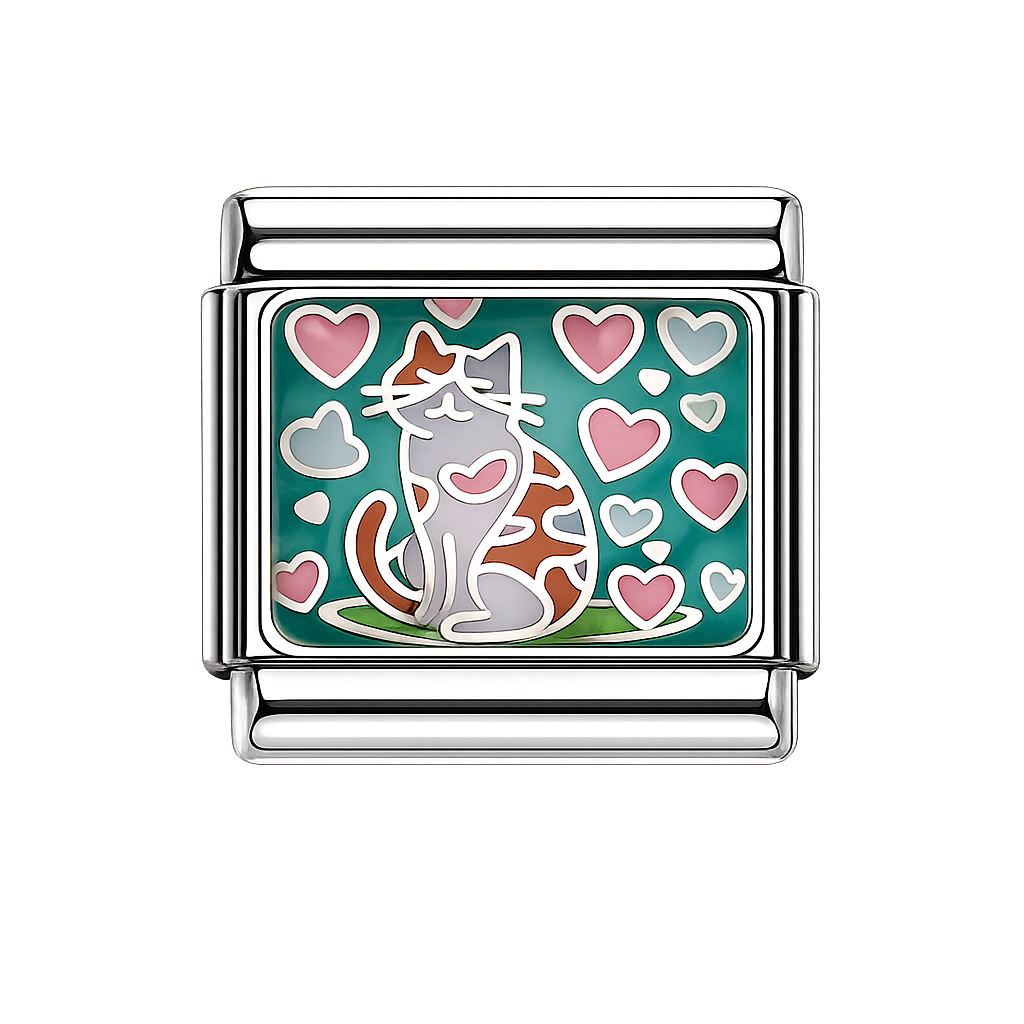 Orange and white cat with hearts on green background Italian Charm — Silver