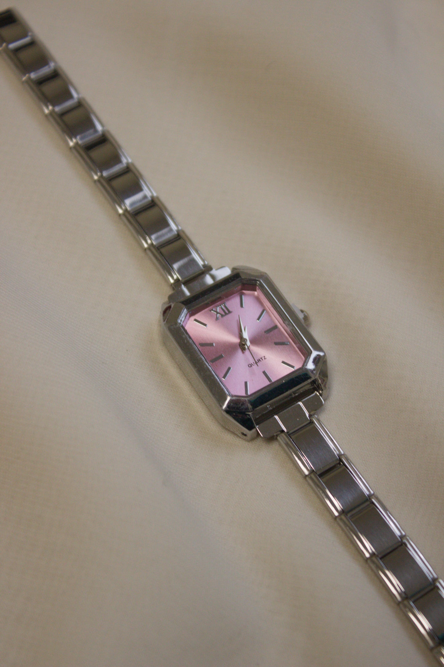 Silver Link Rectangular Pink Dial Italian Watch