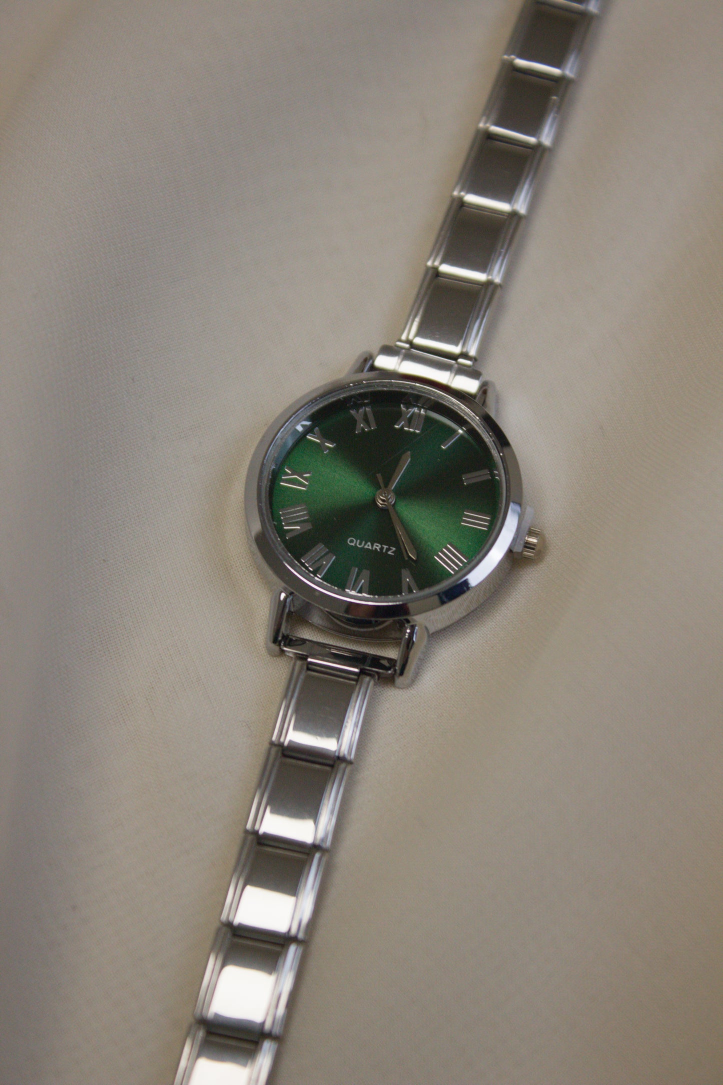 Silver Link Round Green Roman Numeral Italian Watch