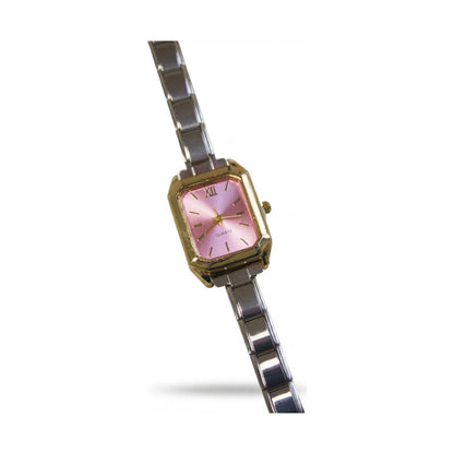 Two Tone Rectangular Pink Dial Italian Watch