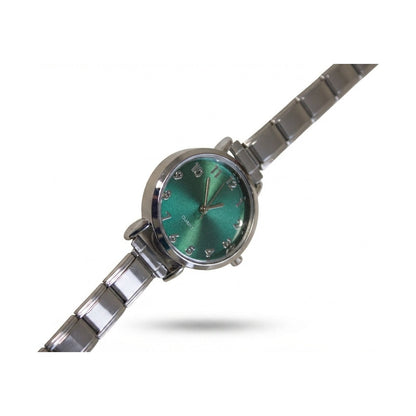 Silver Link Round Teal Crystal Marker Italian Watch