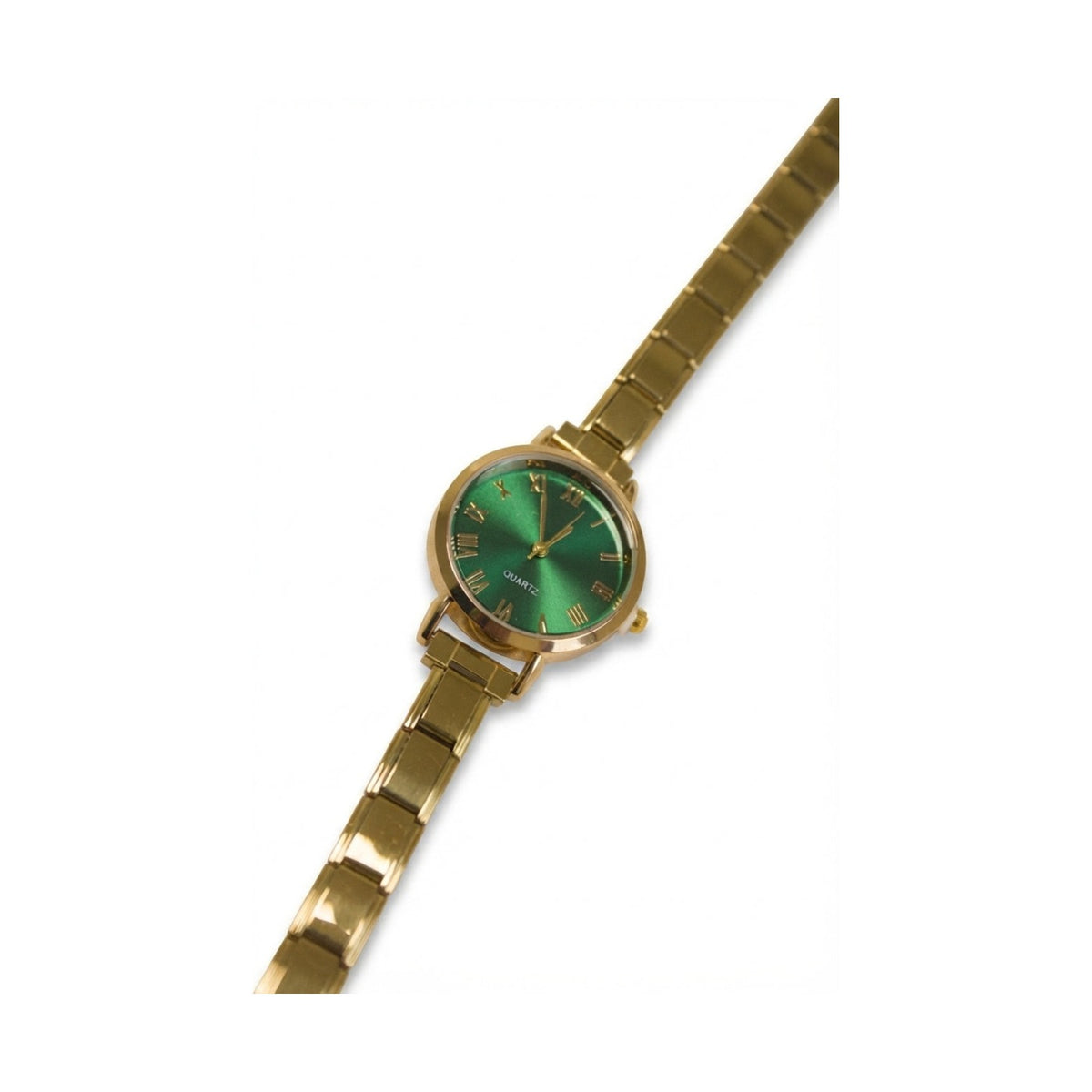 Gold Link Round Emerald Green Roman Numeral Italian Watch