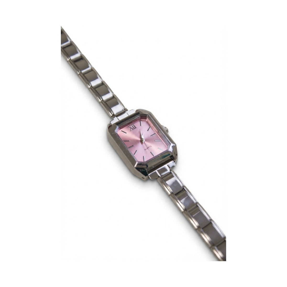 Silver Link Rectangular Pink Dial Italian Watch