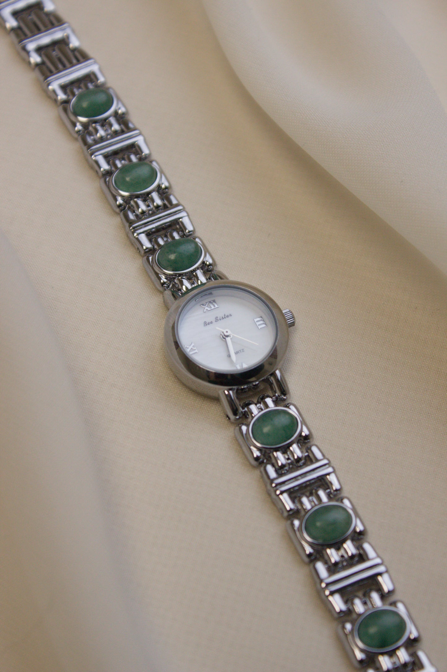 Silver Oval Jade Bar-Link Watch (photo 6)