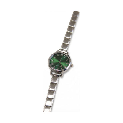Silver Link Round Green Roman Numeral Italian Watch