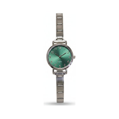 Silver Link Round Teal Crystal Marker Italian Watch