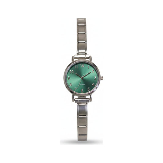 Silver Link Round Teal Crystal Marker Italian Watch