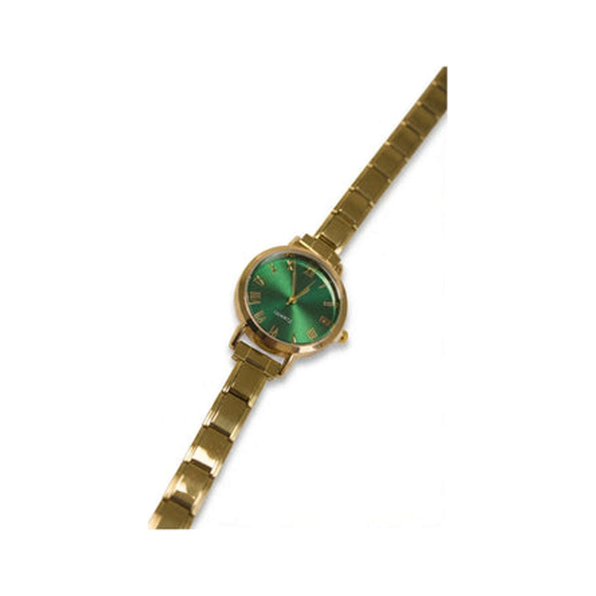Gold Link Round Emerald Green Roman Numeral Italian Watch