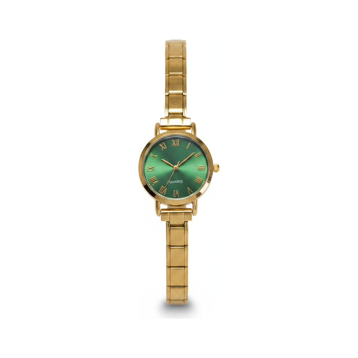 Gold Link Round Emerald Green Roman Numeral Italian Watch