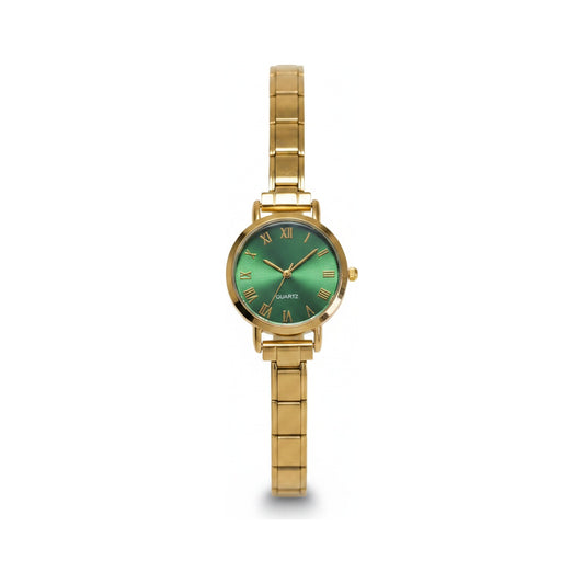 Gold Link Round Emerald Green Roman Numeral Italian Watch
