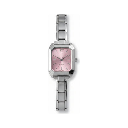 Silver Link Rectangular Pink Dial Italian Watch