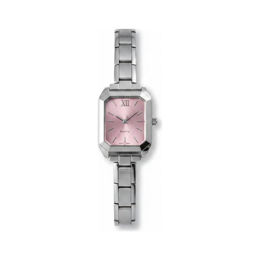 Silver Link Rectangular Pink Dial Italian Watch