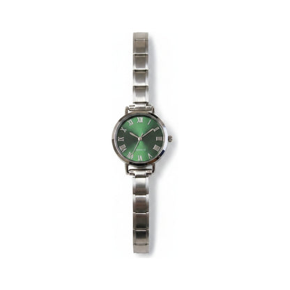 Silver Link Round Green Roman Numeral Italian Watch