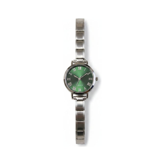 Silver Link Round Green Roman Numeral Italian Watch