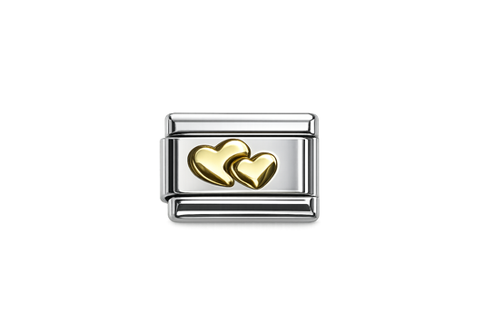 Double gold heart on silver Italian Charm — Gold