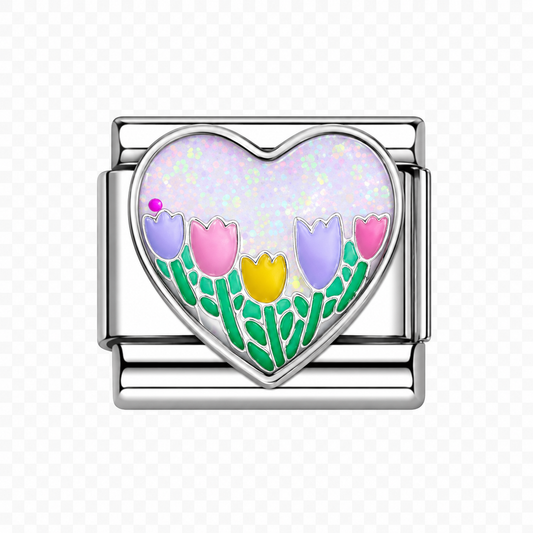 Heart Tulip Italian Charm — Silver