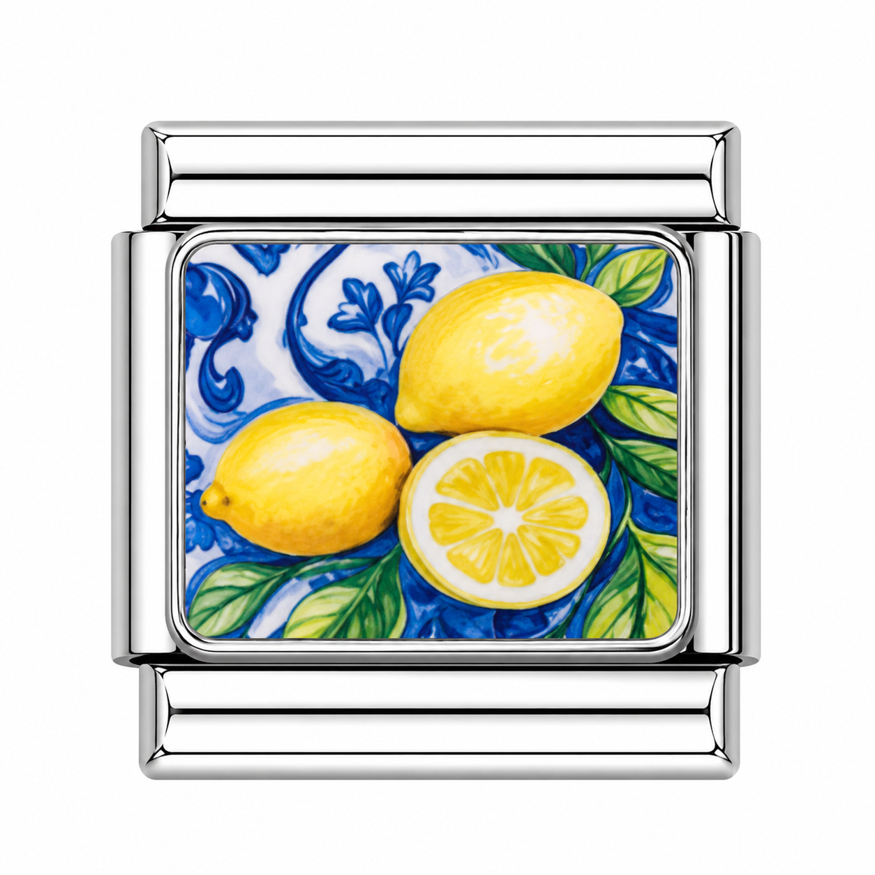 Lemons on Blue Pattern Italian Charm — Silver
