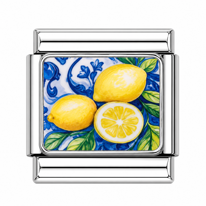 Lemons on Blue Pattern Italian Charm — Silver