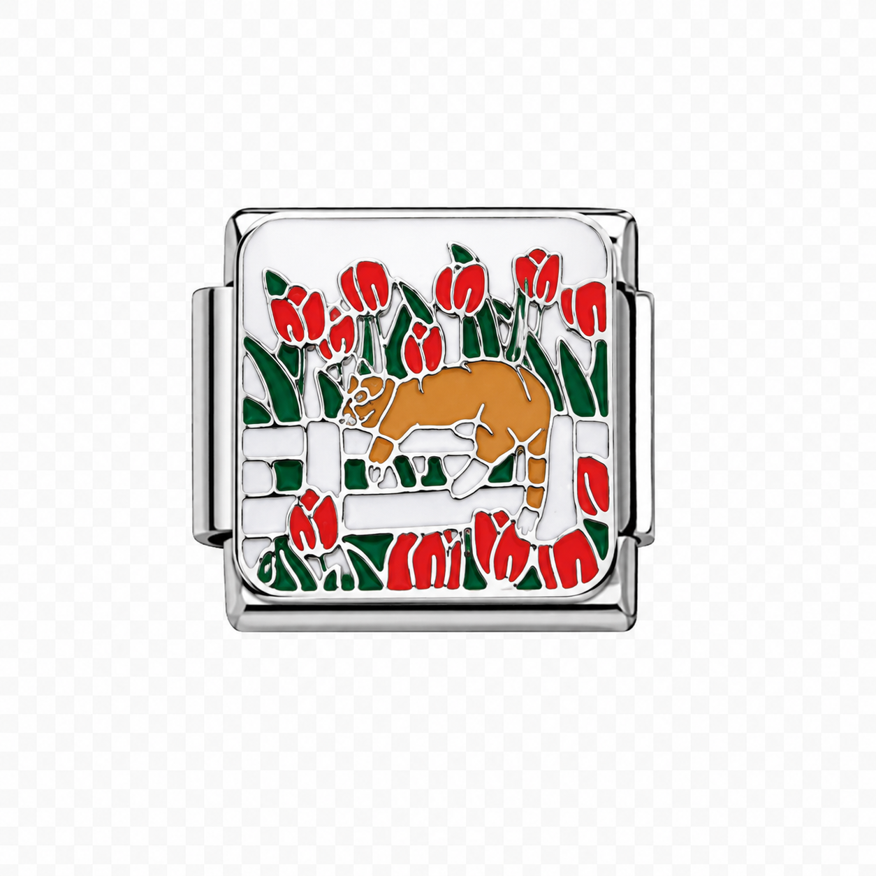 Orange Cat white fence Italian Charm — Silver