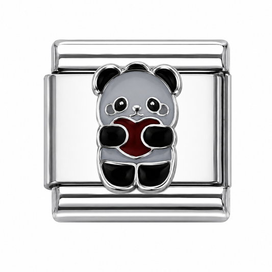Panda holding heart Italian Charm — Silver