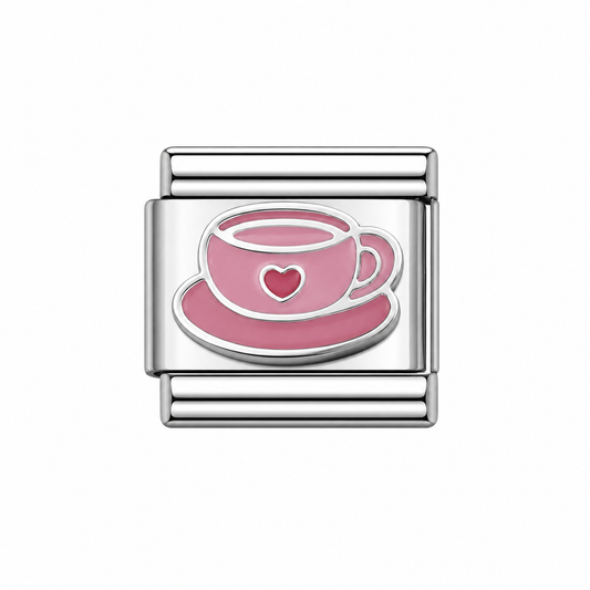 Pink Teacup Italian Charm — Silver