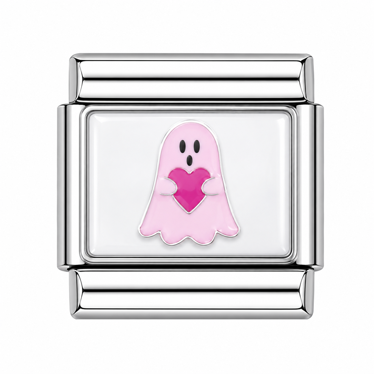 Pink ghost holding heart Italian Charm — Silver