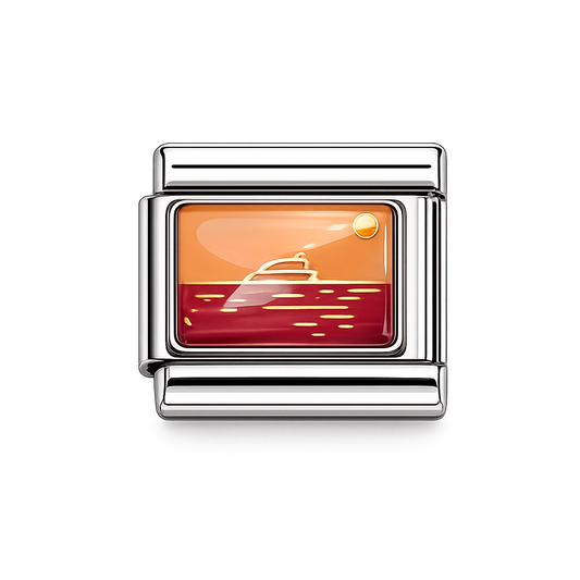 Sunset ocean with boat Italian Charm — Silver