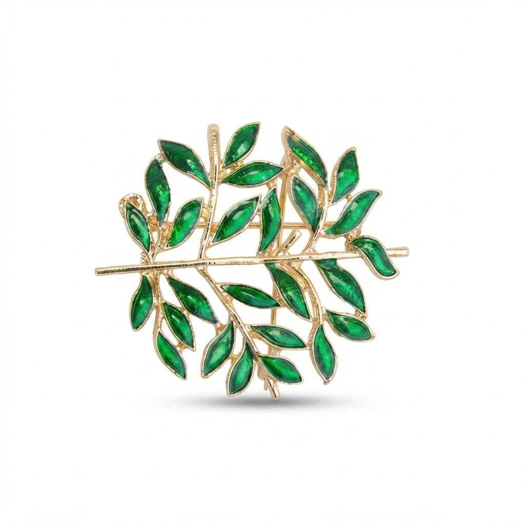 Green Enamel Leaf Branch Brooch