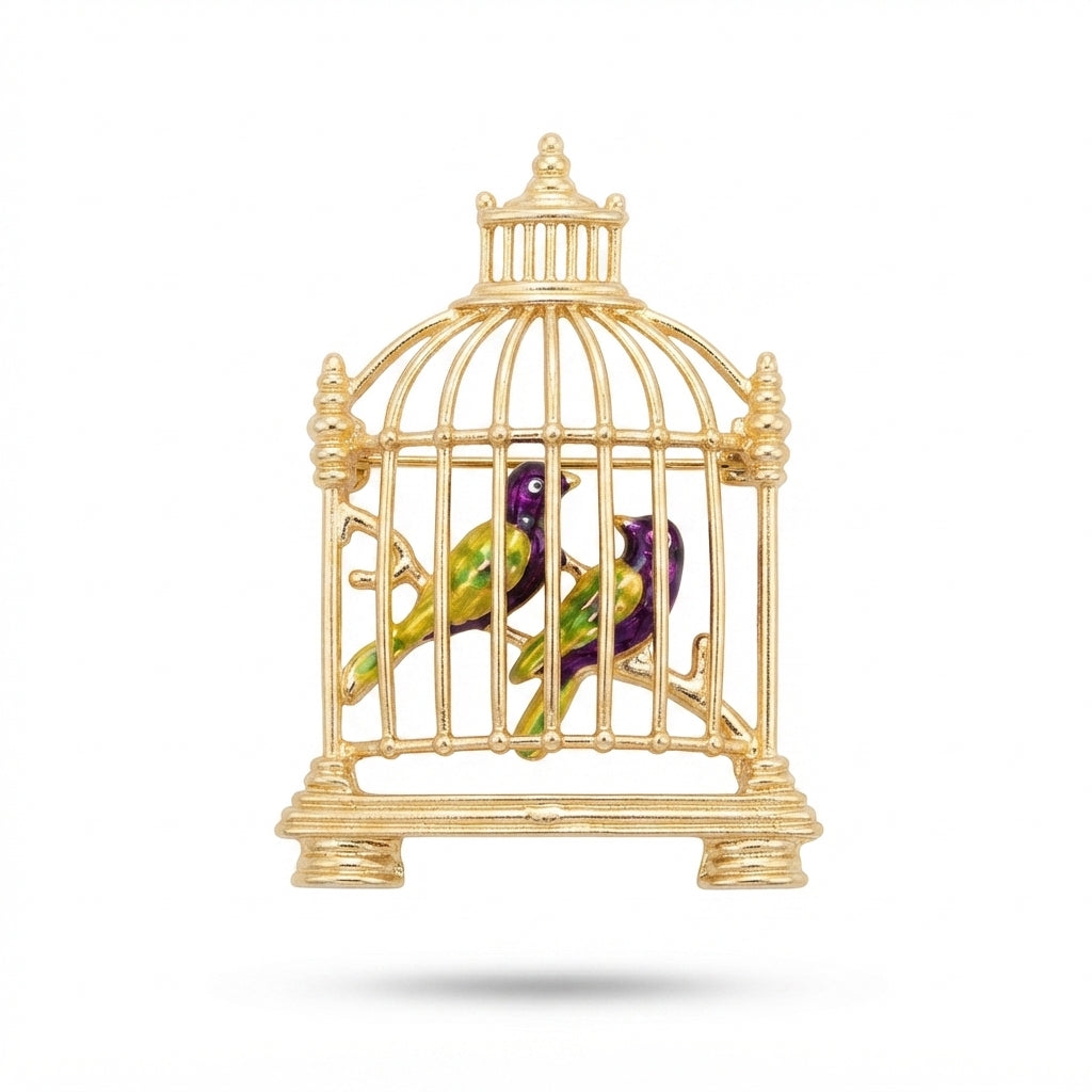 Gold Birdcage with Two Birds Brooch