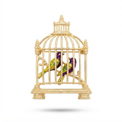 Gold Birdcage with Two Birds Brooch