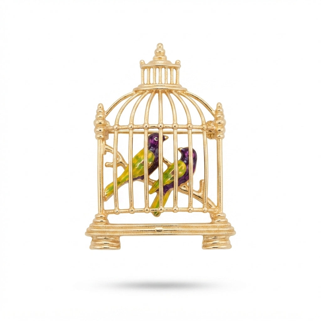 Gold Birdcage with Two Birds Brooch