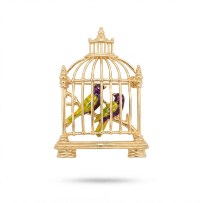 Gold Birdcage with Two Birds Brooch