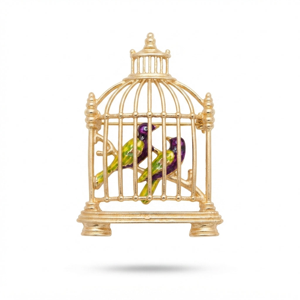 Gold Birdcage with Two Birds Brooch