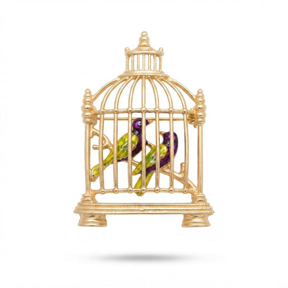 Gold Birdcage with Two Birds Brooch