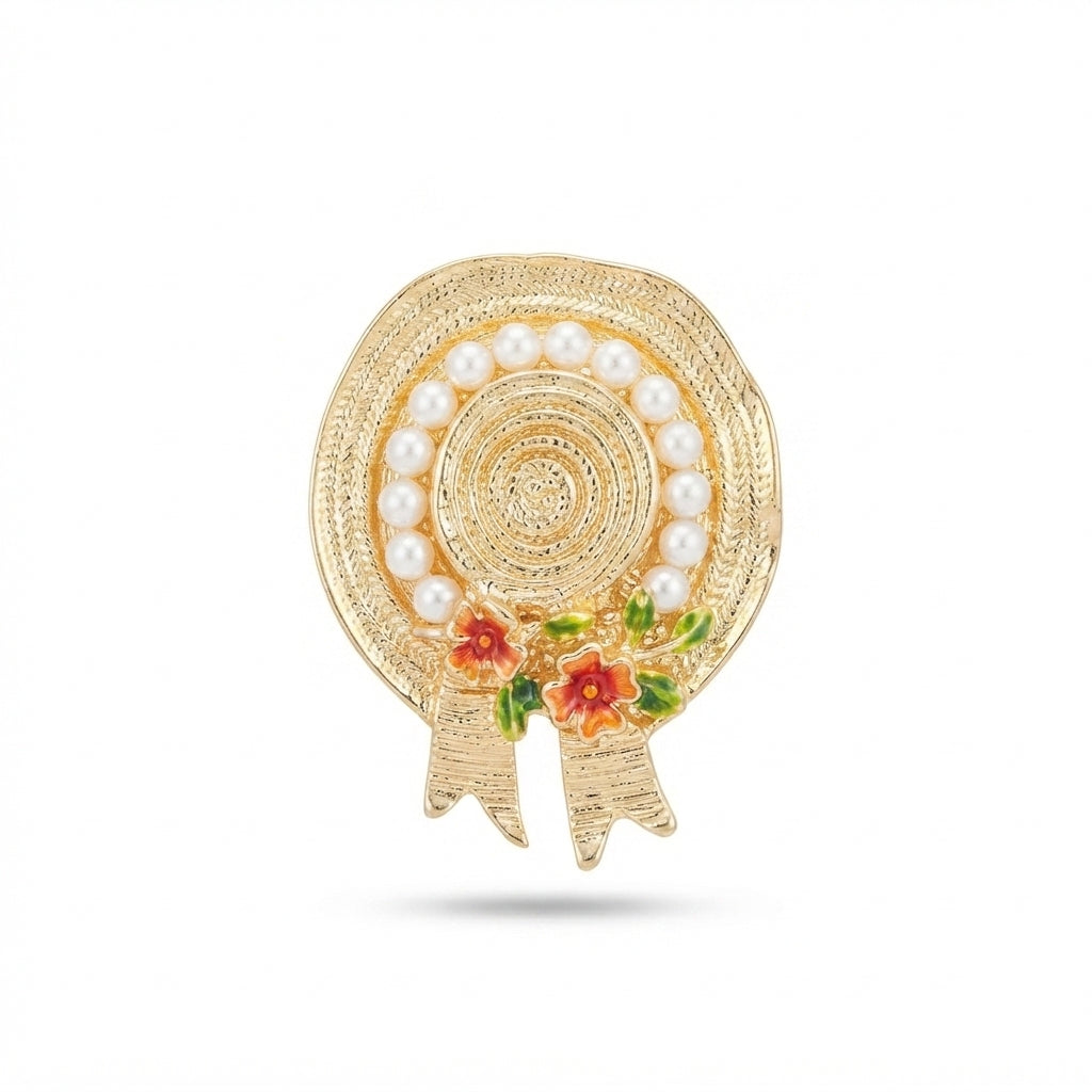 Straw Hat with Pearls Brooch