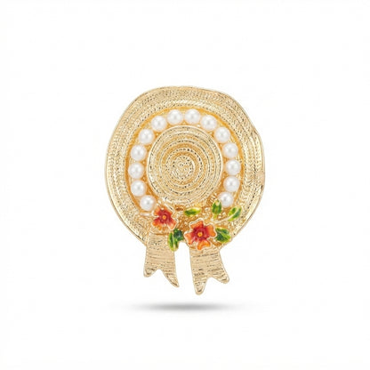 Straw Hat with Pearls Brooch